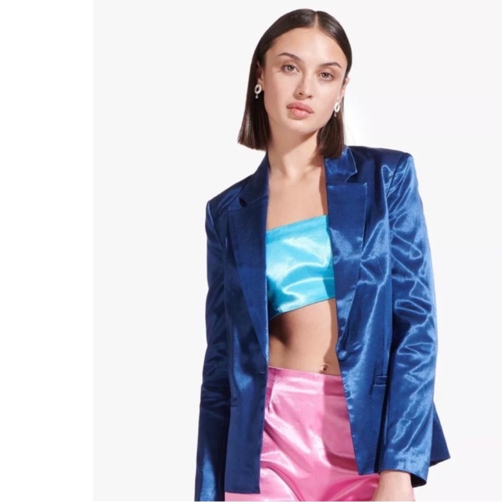 STAUD Shiny Royal Blue Satin Blazer - Picture 12 of 12